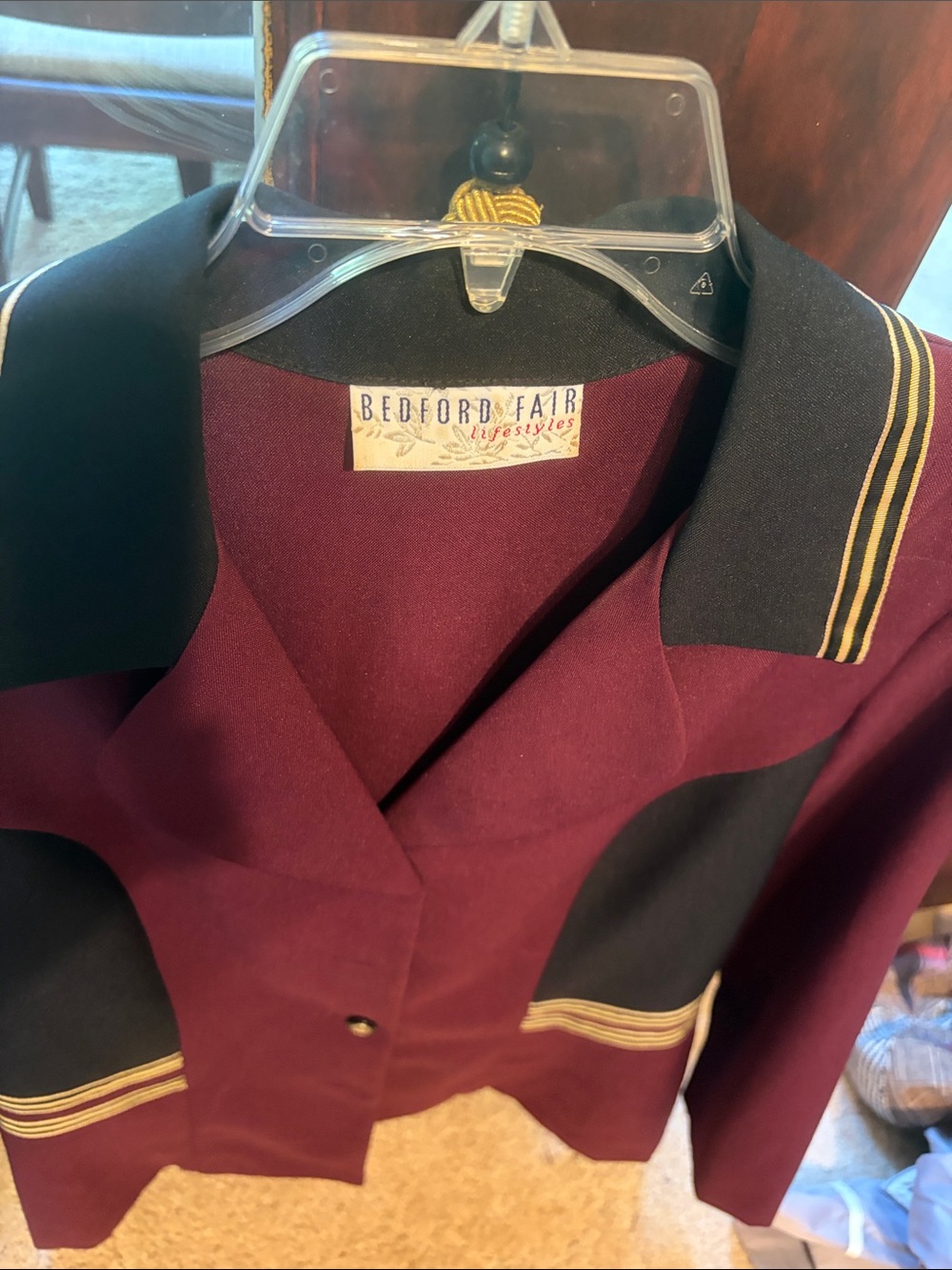 Women's Burgundy and Black Blazer with Gold Trim